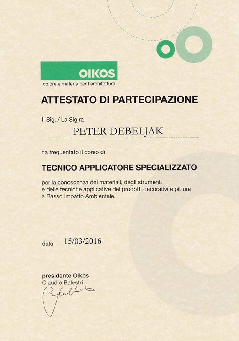 Zaključna gradbena dela - slikopleskarstvo Peter Debeljak s.p. certifikat