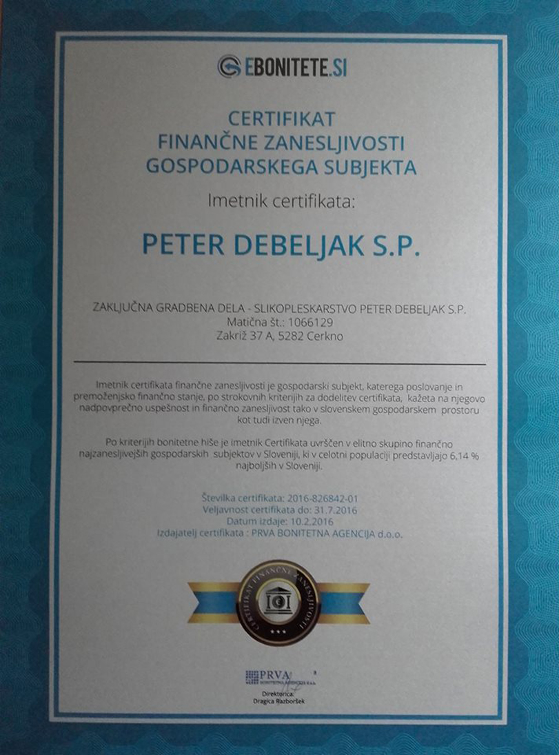 Zaključna gradbena dela - slikopleskarstvo Peter Debeljak s.p. certifikat
