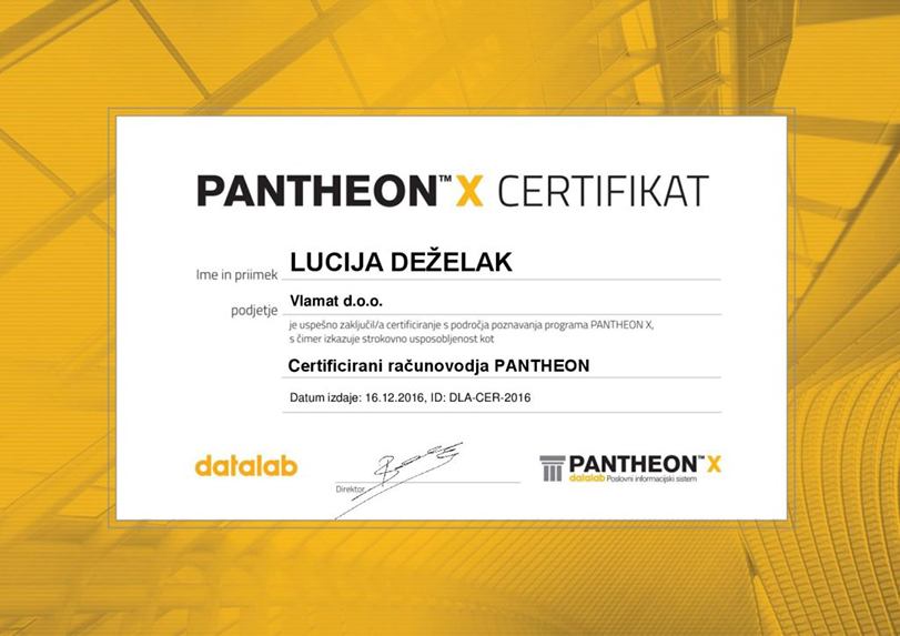 Cerifikat Pantheon,data lab, podpora in program za sodelovanje s strankami,VLAMAT računovodske storitve, davčno in finančno svetovanje d.o.o.